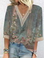 Women's V-Neck Lace Tunic Blouse – Gold Detail Three Quarter Sleeve Blouse