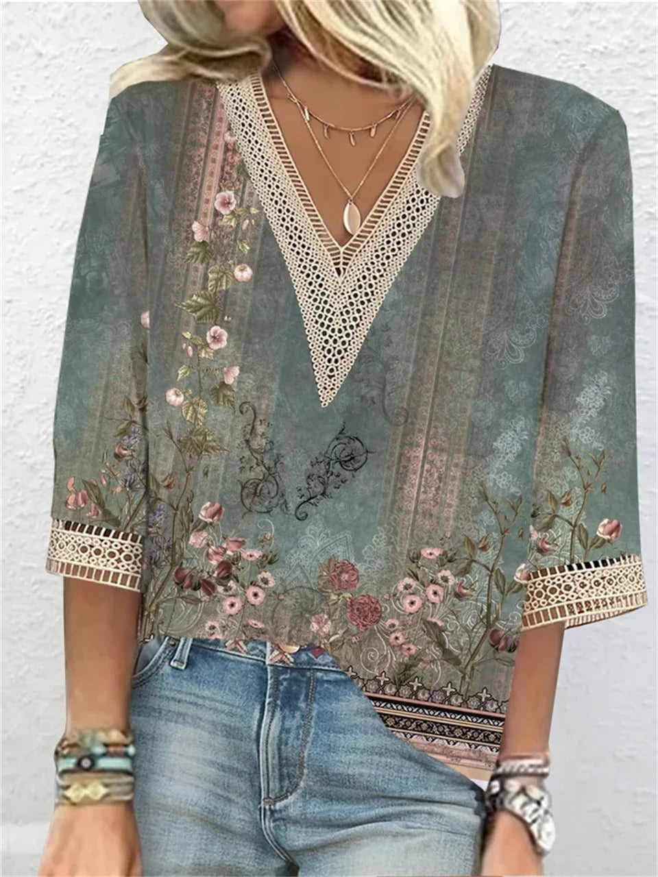 Women's V-Neck Lace Tunic Blouse – Gold Detail Three Quarter Sleeve Blouse