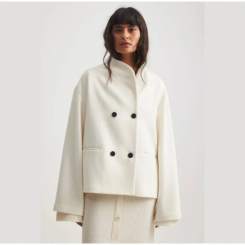 Women's Stand Collar Winter Coat – Relaxed Double-Breasted Overcoat