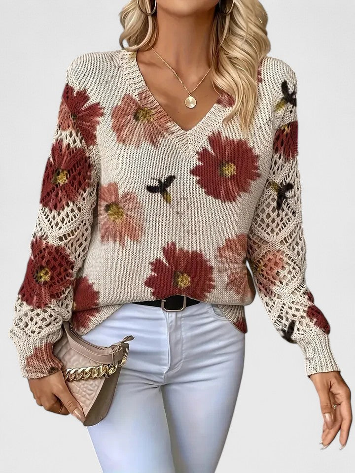 Women's Floral V-Neck Cardigan – Lightweight Flower Knit Cardigan