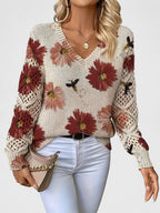 Women's Floral V-Neck Cardigan – Lightweight Flower Knit Cardigan