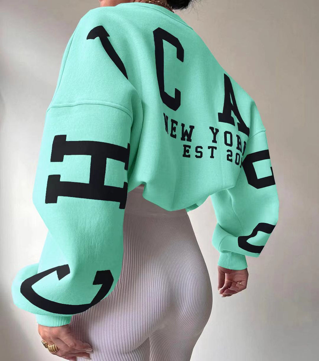 Women's Crew Neck Graphic Sweater – Printed Sleeve Relaxed Fit Pullover