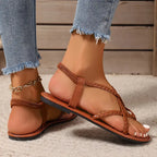 Women's Flat Sandals with Braided Straps and Cutout Design