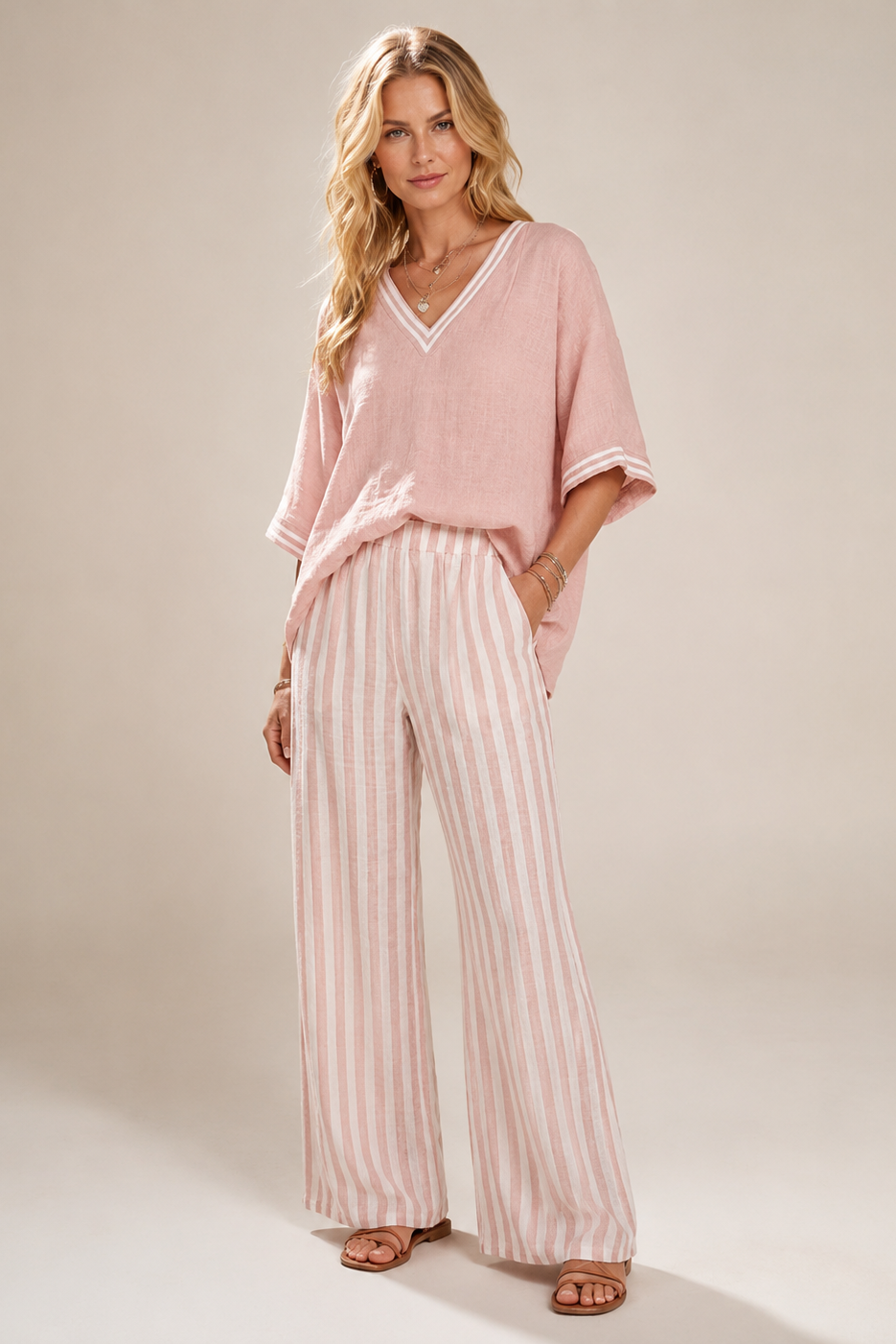 Women's Striped Two-Piece Set – Wide Leg Summer Set