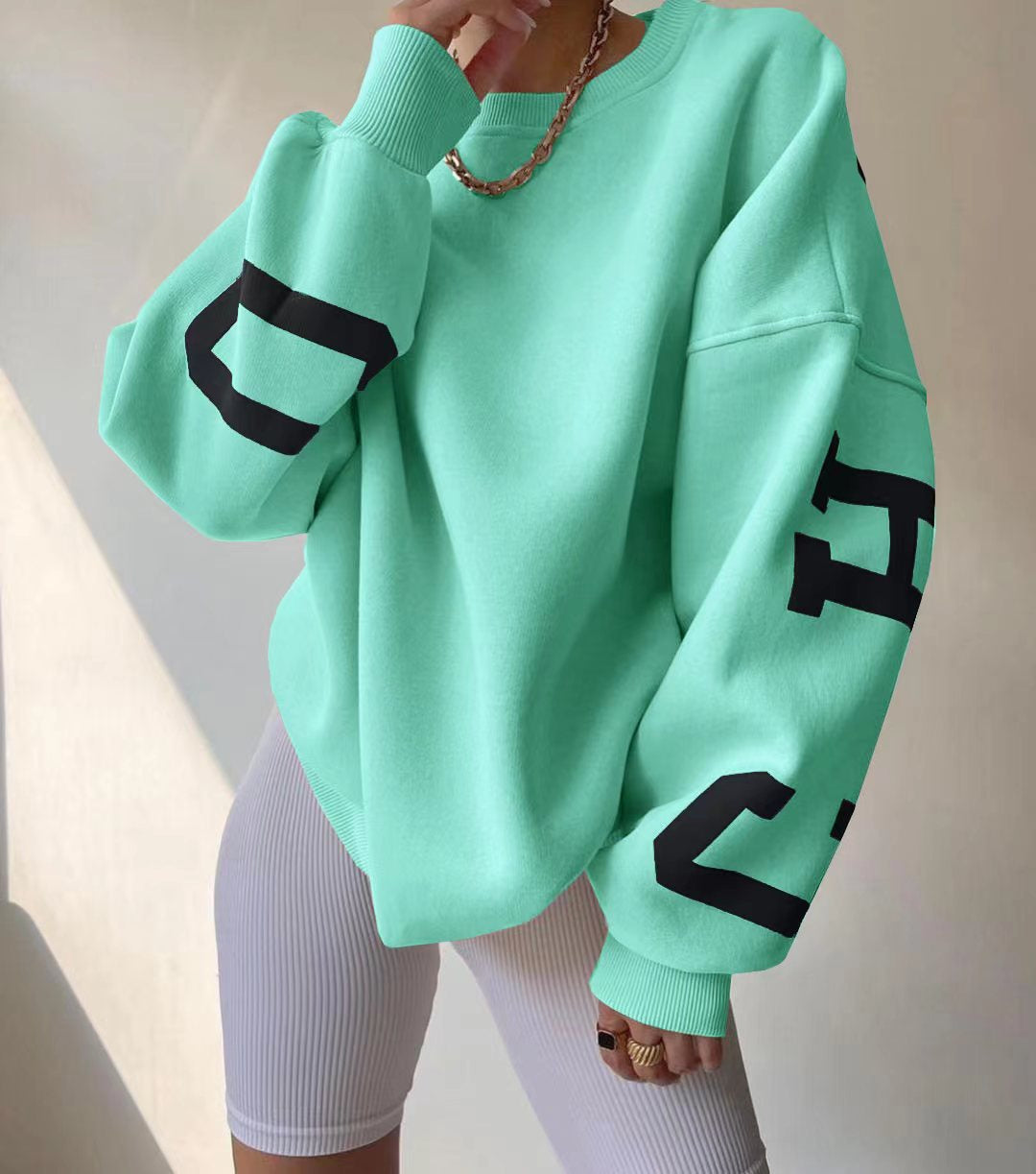 Women's Crew Neck Graphic Sweater – Printed Sleeve Relaxed Fit Pullover