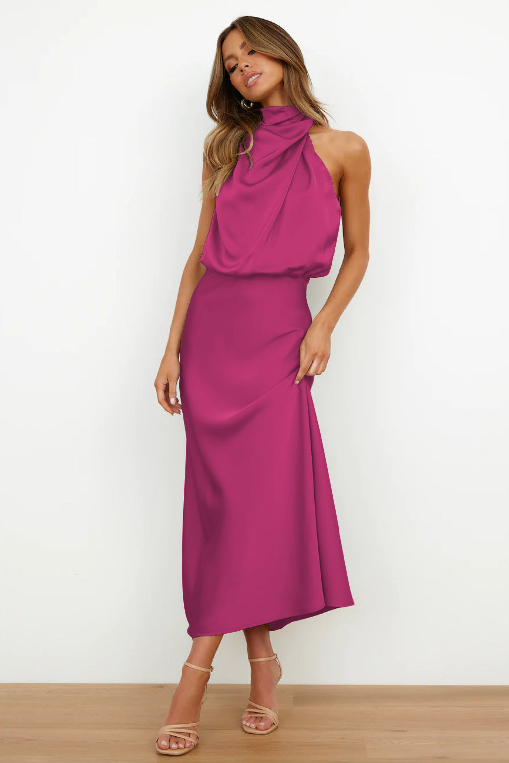 Women's Flowy Halter Midi Dress – Relaxed Cocktail Occasion Dress