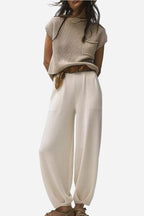 Women's Crew Neck Pants Set – Short Sleeve Top & High Waist Trousers