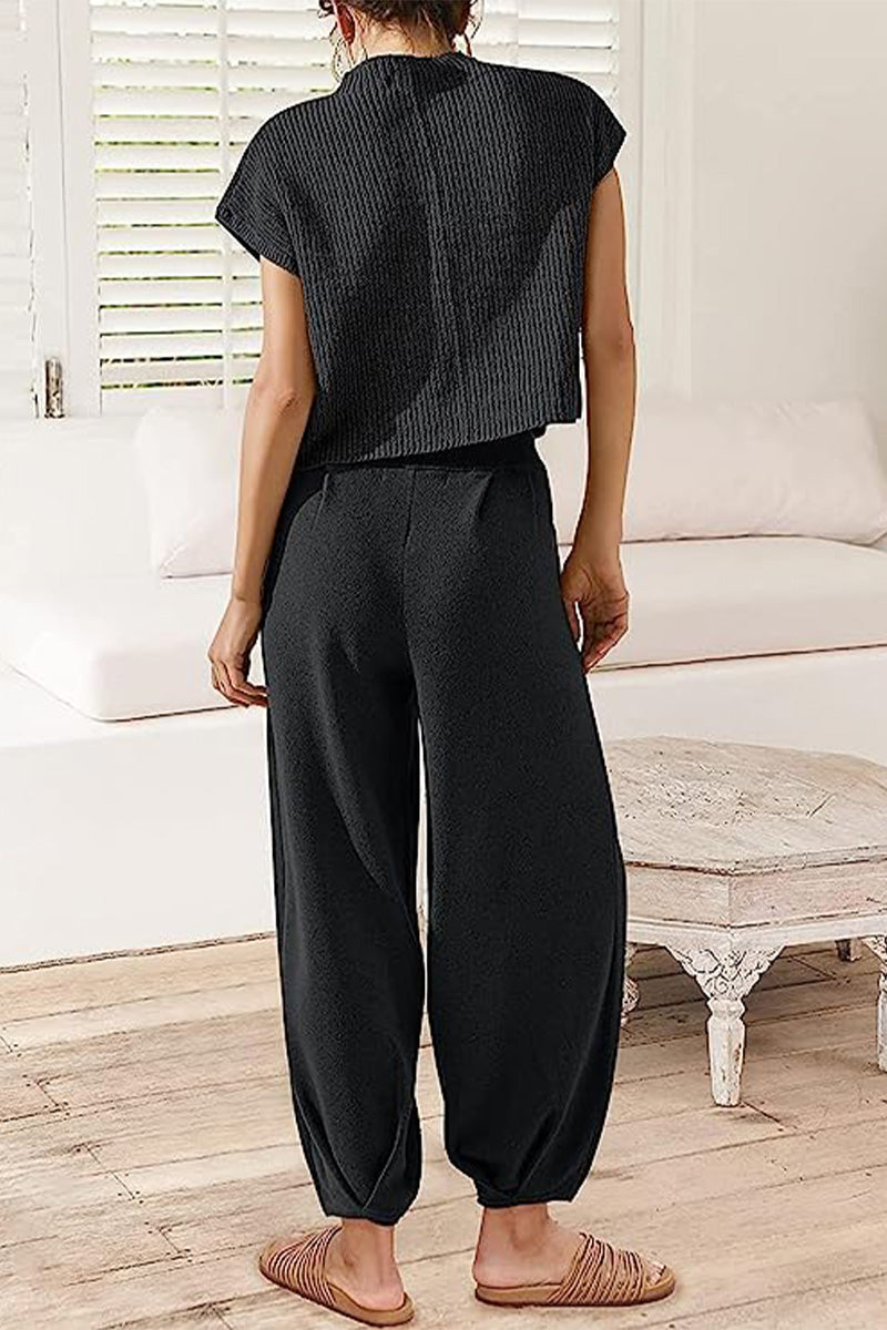 Women's Crew Neck Pants Set – Short Sleeve Top & High Waist Trousers