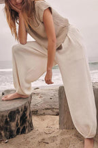 Women's Crew Neck Pants Set – Short Sleeve Top & High Waist Trousers