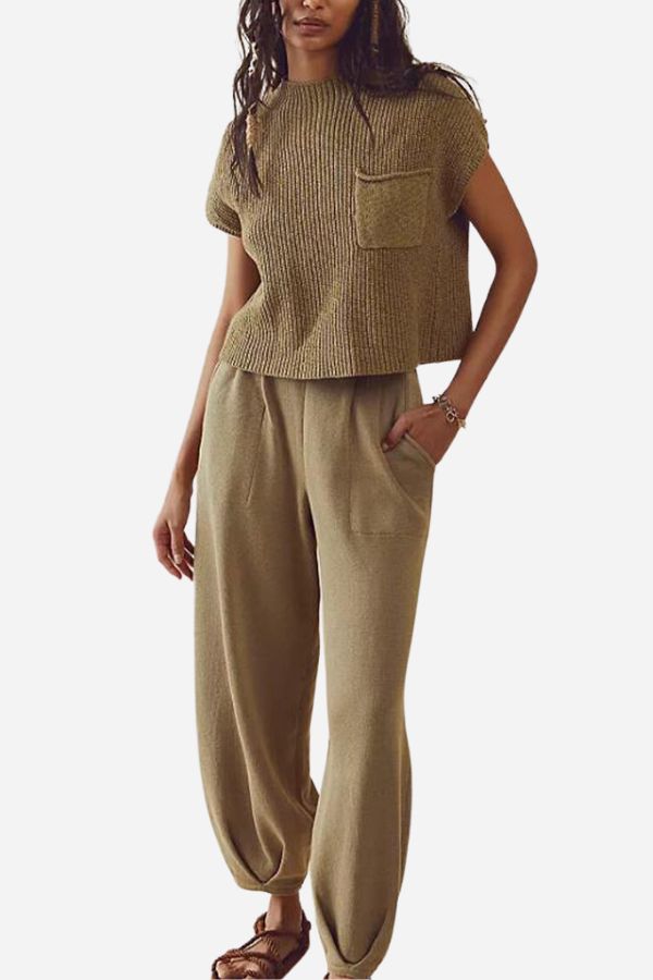 Women's Crew Neck Pants Set – Short Sleeve Top & High Waist Trousers