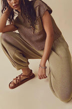 Women's Crew Neck Pants Set – Short Sleeve Top & High Waist Trousers