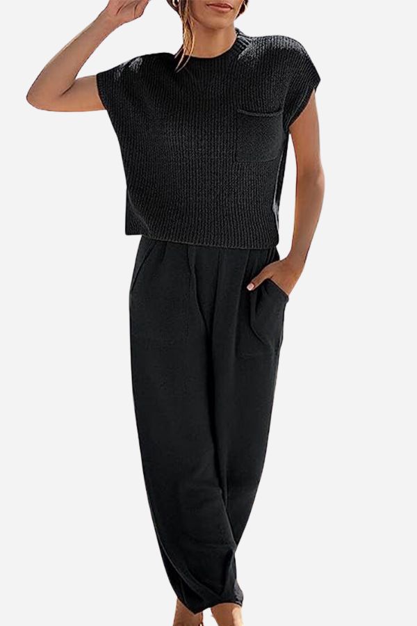 Women's Crew Neck Pants Set – Short Sleeve Top & High Waist Trousers