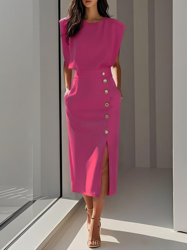 Women's Sleeveless Fitted Midi Dress – Decorative Button Occasion Dress