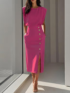 Women's Sleeveless Fitted Midi Dress – Decorative Button Occasion Dress