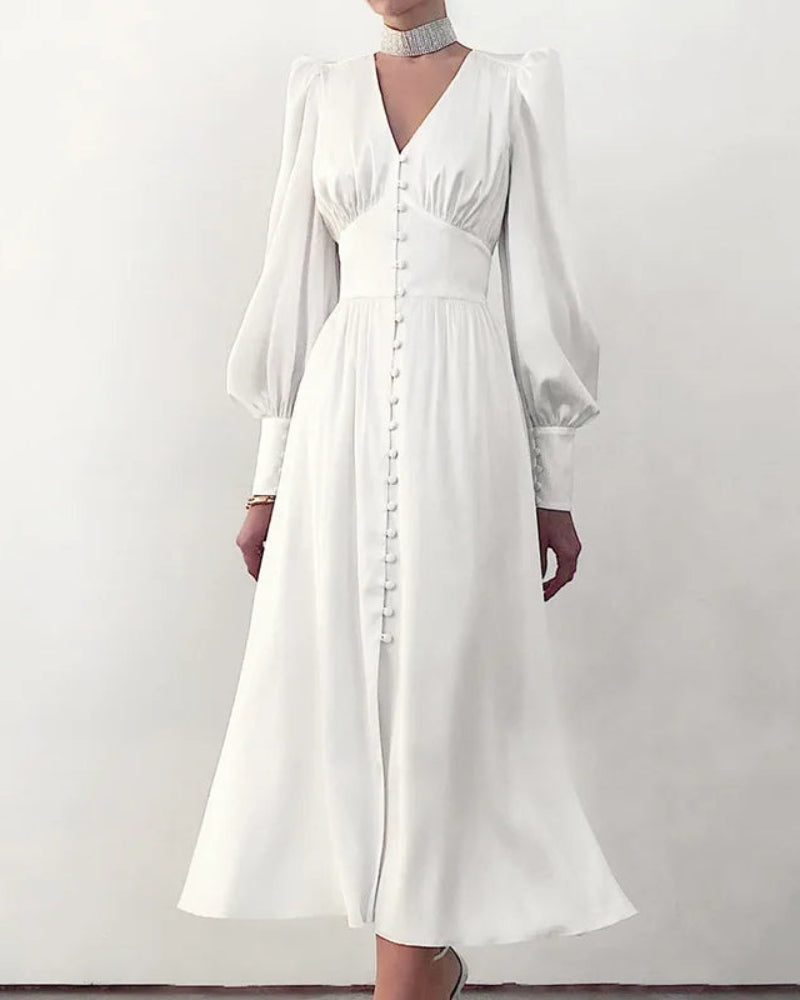 Women's V-Neck Wedding Guest Maxi Dress – Lantern Sleeve Flowy Formal Dress