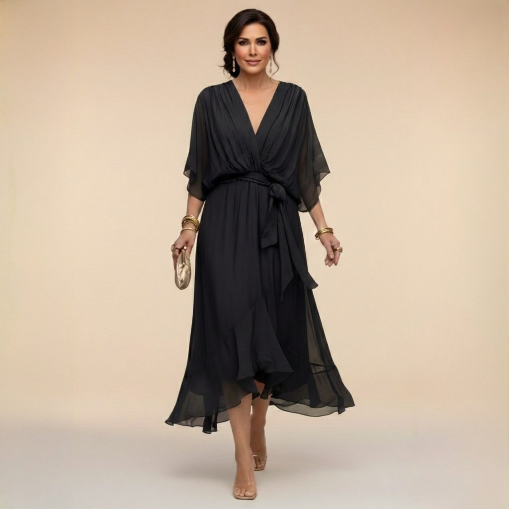 Women's V-Neck Long Sleeve Dress – Flowy Formal Occasion Dress