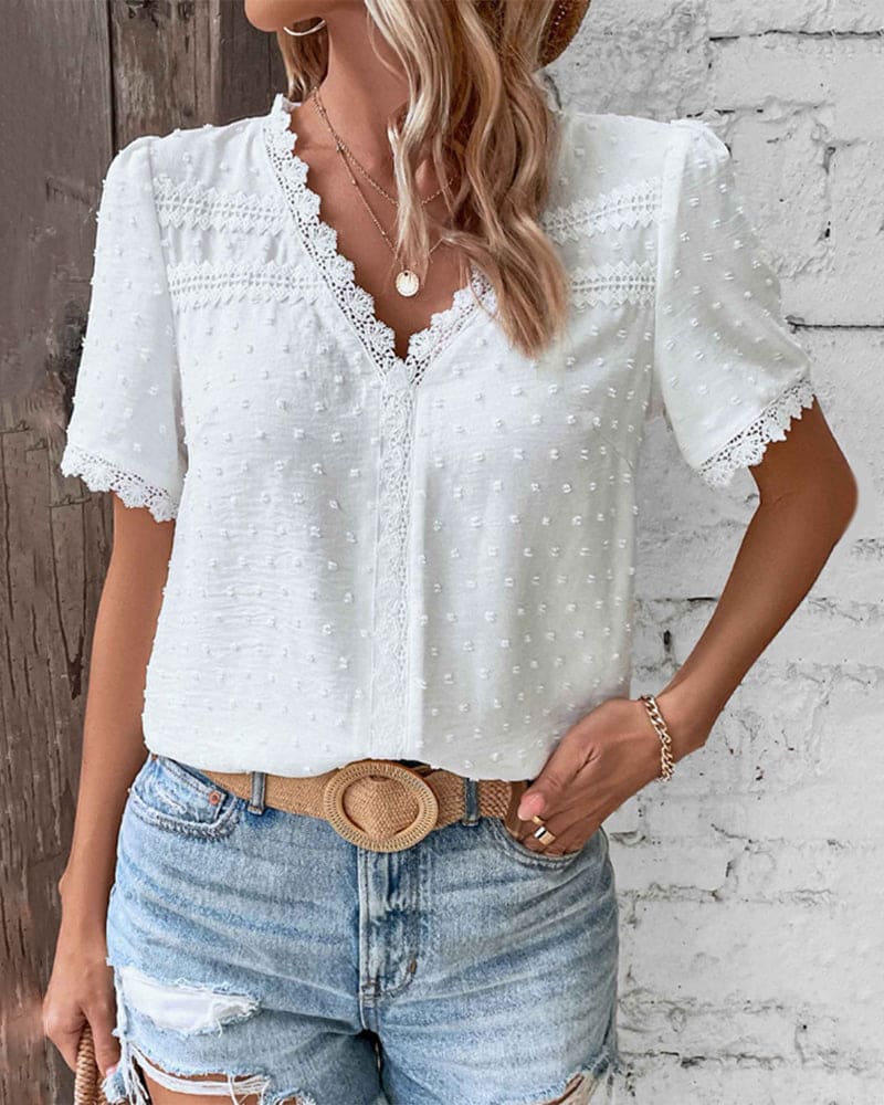 Women's Short Sleeve Lace Blouse – V-Neck Feminine Detail Blouse