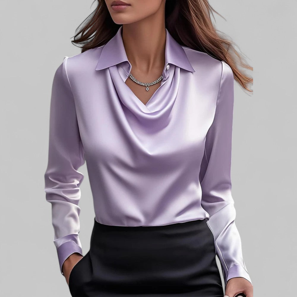Women's Waterfall Neck Blouse with Draped Fit and Long Sleeves