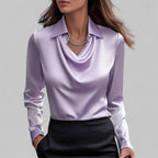 Women's Waterfall Neck Blouse with Draped Fit and Long Sleeves