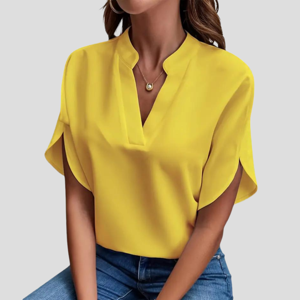 Women's Short Sleeve V-Neck Blouse – Stand Collar Summer Blouse