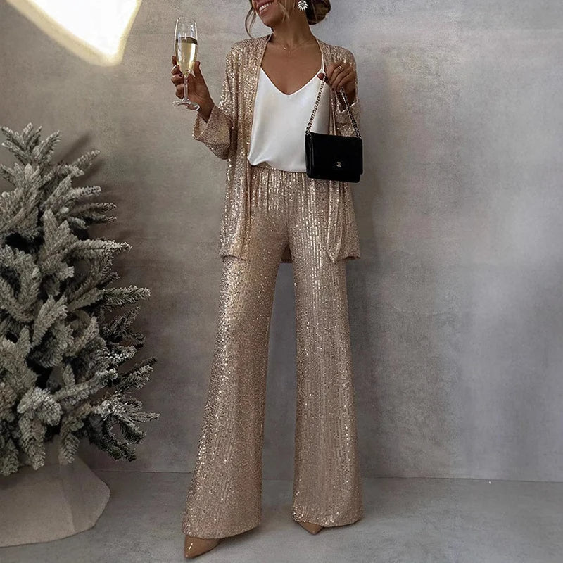 Women's Sequin Two-Piece Set – Fitted Top & High Waist Pants Set