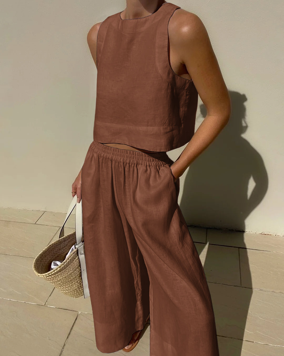 Women's Summer Crop Top Set – High Waist Wide Leg Pants Set