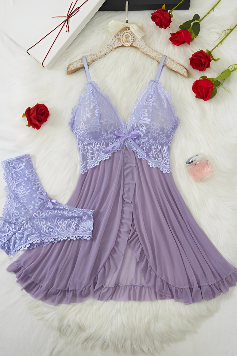 Women's Sheer Lace Lingerie Set – Deep V-Neck Bra & Matching Brief Set