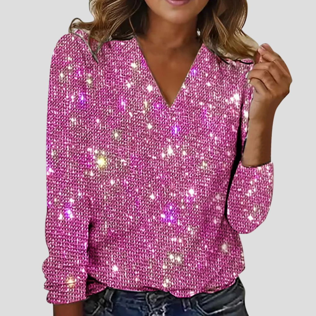 Women's Sparkle V-Neck Blouse – Sequin Long Sleeve Evening Blouse