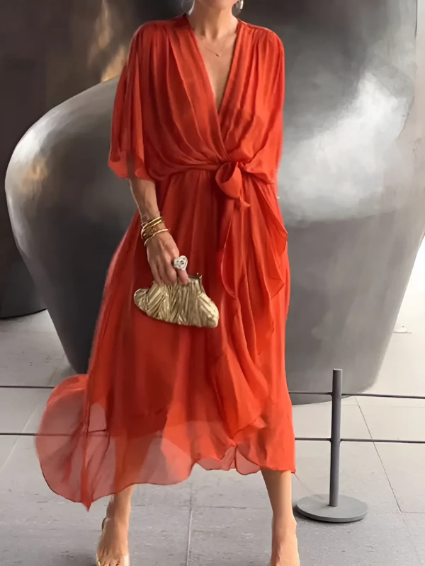 Women's Wrap Midi Dress – Tie Waist Dress – Autumn
