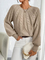 Women's Cable Knit Sweater – Balloon Sleeve Crew Neck Pullover