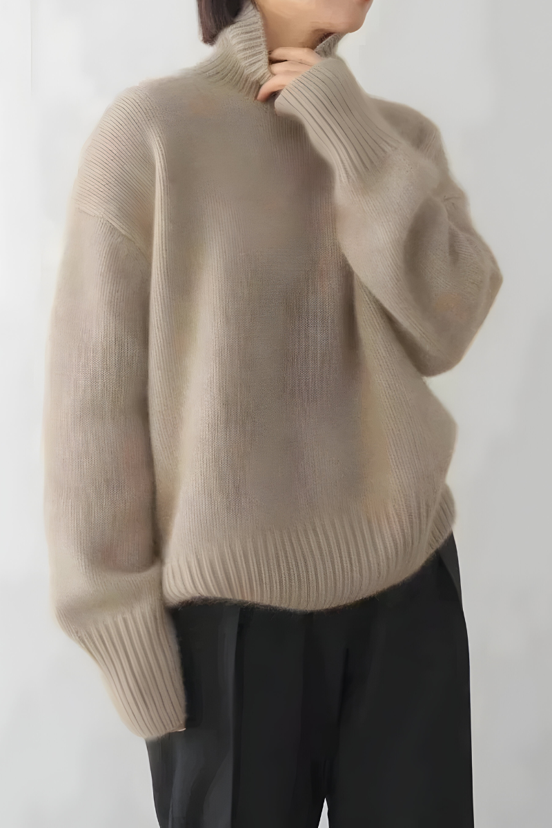 Women's High Neck Roll Sweater – Long Sleeve Relaxed Knit Pullover