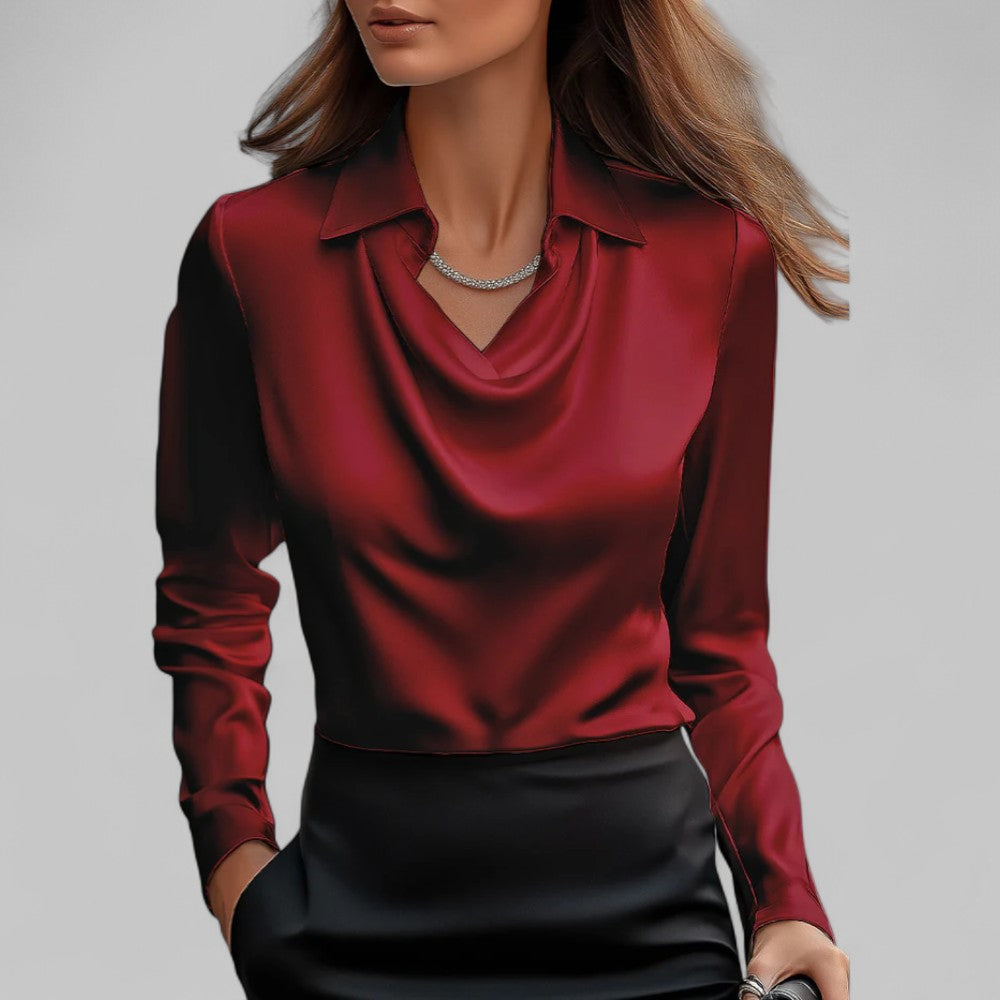 Women's Waterfall Neck Blouse with Draped Fit and Long Sleeves