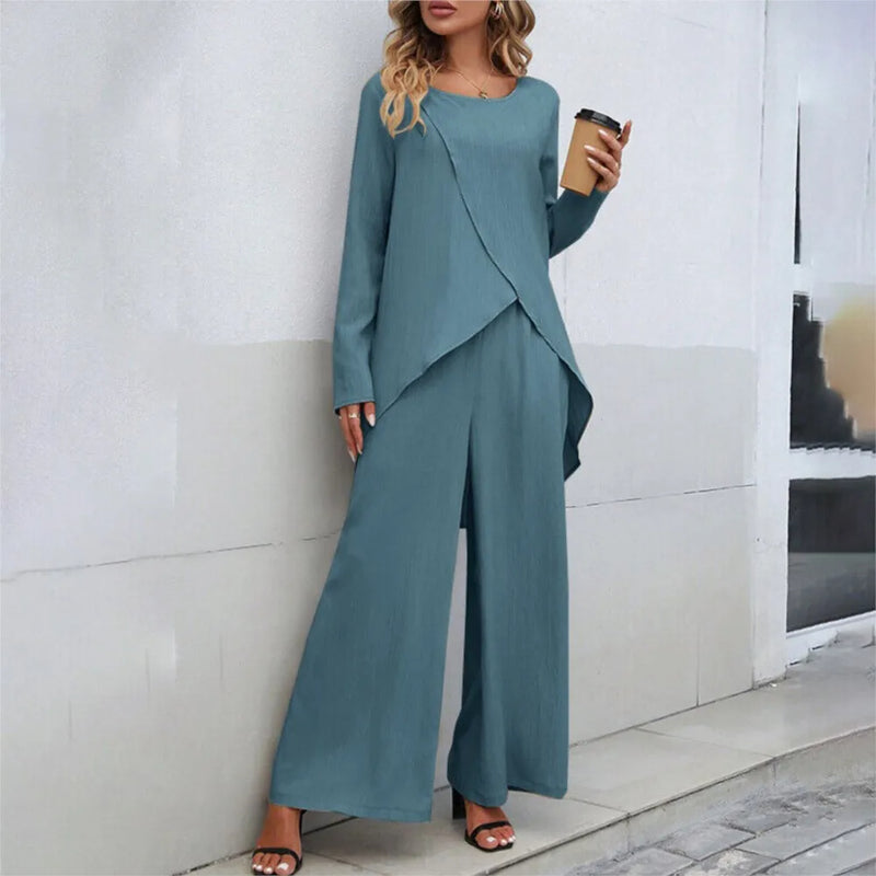 Women's Asymmetrical Two-Piece Set – Wide Leg Pants Matching Set