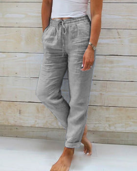 Women's Drawstring Straight Leg Pants – Elastic Waist Pocket Trousers