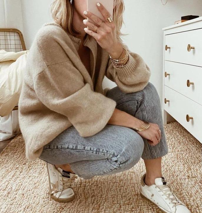 Women's Statement Sleeve Cardigan – Oversized Ribbed Neck Cardigan