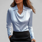 Women's Waterfall Neck Blouse with Draped Fit and Long Sleeves