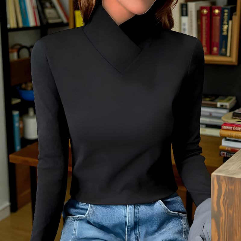 Women's High Collar Top – Minimalist Fitted Long Sleeve Top