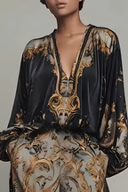 Women's Long Sleeve Printed Jumpsuit – Baroque Pattern Wide Leg Jumpsuit