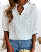 Women's V-Neck Puff Sleeve Blouse – Relaxed Long Sleeve Blouse