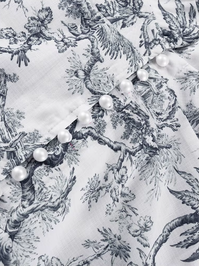 Women's Toile Print A-Line Dress – Belted Balloon Sleeve Mini Dress
