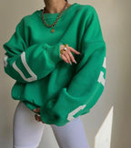 Women's Crew Neck Graphic Sweater – Printed Sleeve Relaxed Fit Pullover
