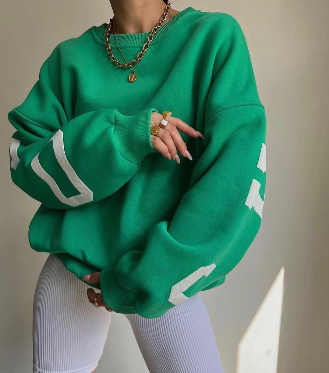 Women's Crew Neck Graphic Sweater – Printed Sleeve Relaxed Fit Pullover