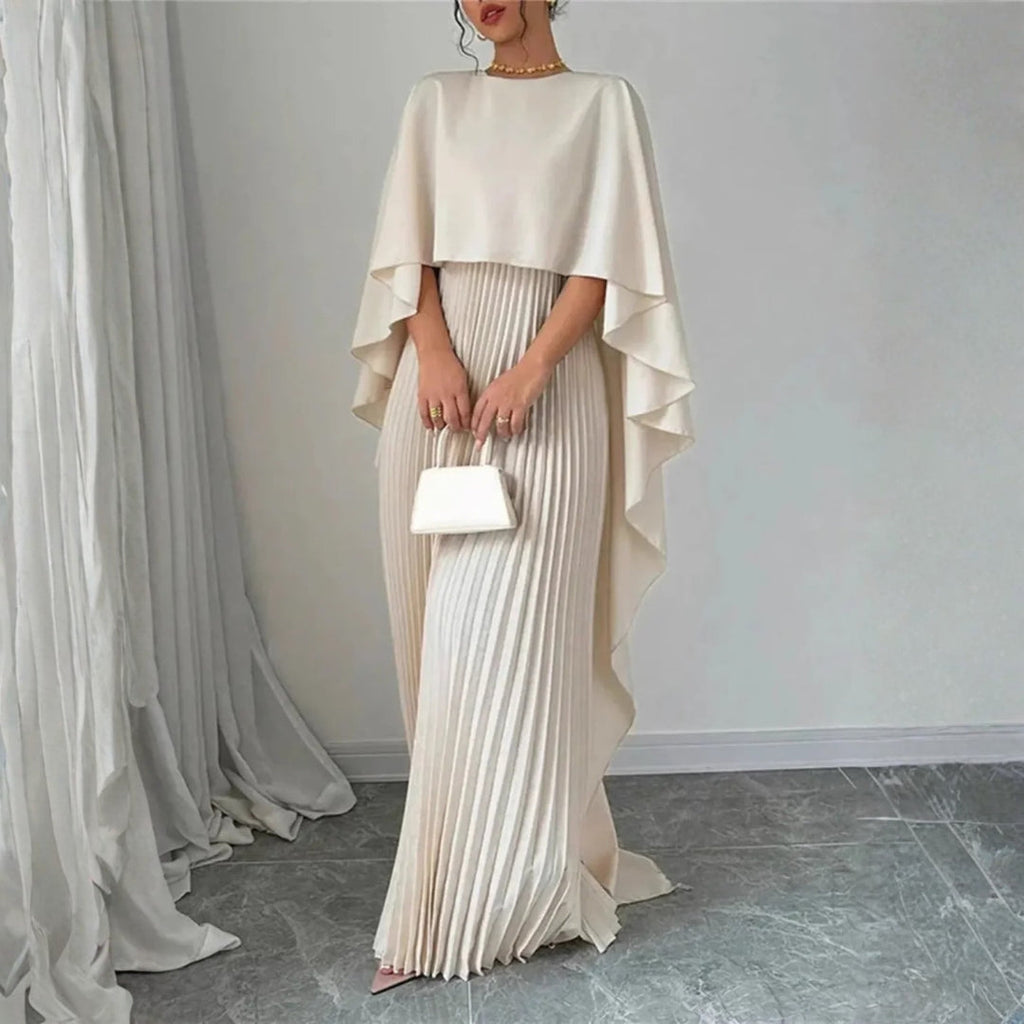 Women's Pleated Cape Wedding Guest Maxi Dress – Draped Formal Evening Dress