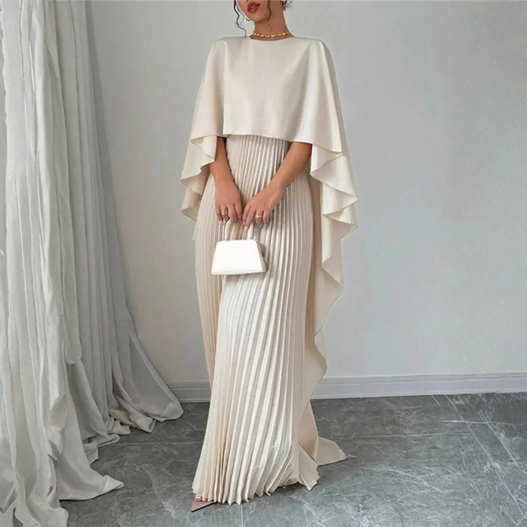 Women's Pleated Cape Wedding Guest Maxi Dress – Draped Formal Evening Dress