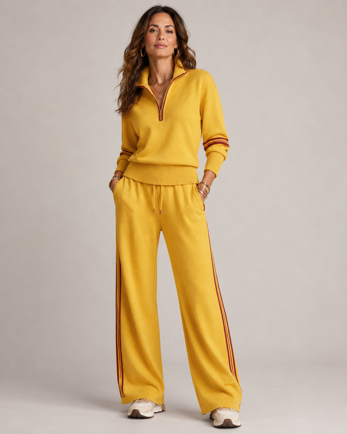 Women's Half-Zip Lounge Set – Wide Leg Pants Set