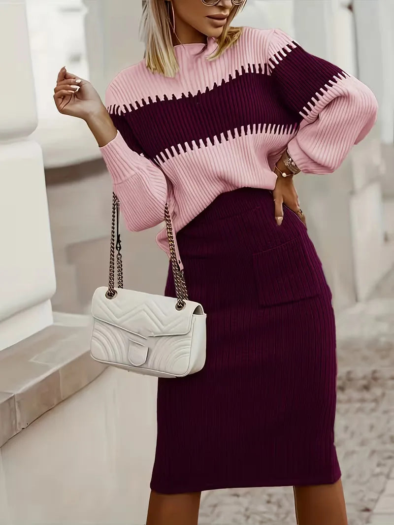Women's Ribbed Sweater Set – Matching Knit Skirt Set