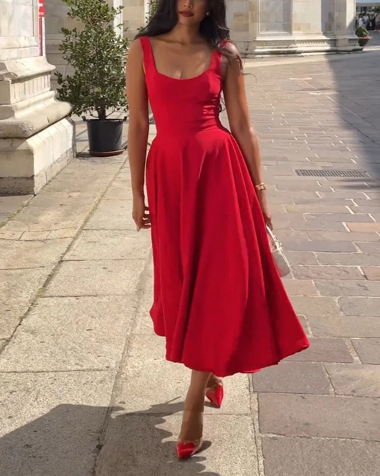 Women's Strappy Bodycon Midi Dress – Red Fitted Cocktail Dress