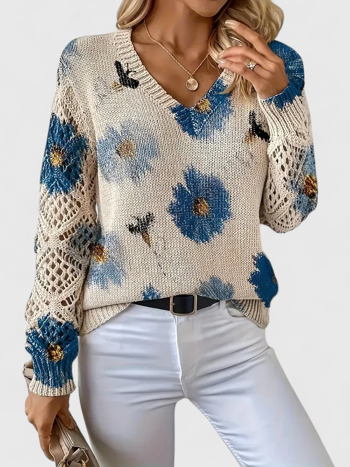 Women's Floral V-Neck Cardigan – Lightweight Flower Knit Cardigan