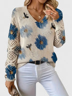 Women's Floral V-Neck Cardigan – Lightweight Flower Knit Cardigan