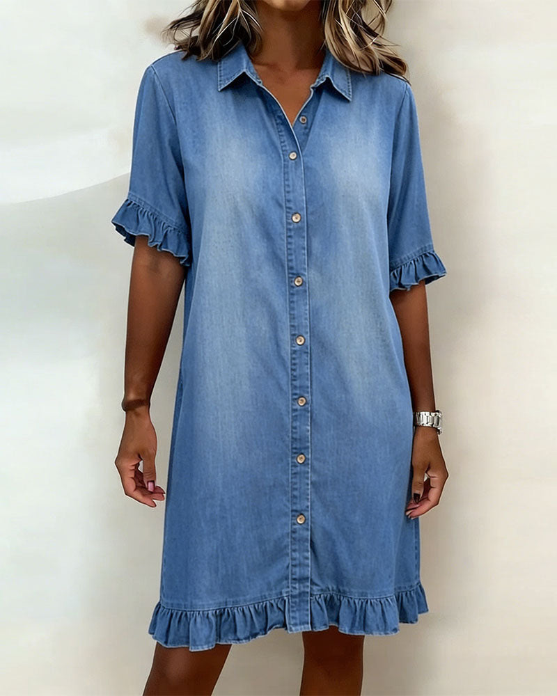 Women's Flounce Sleeve Shirt Dress – Button Front Knee-Length Dress